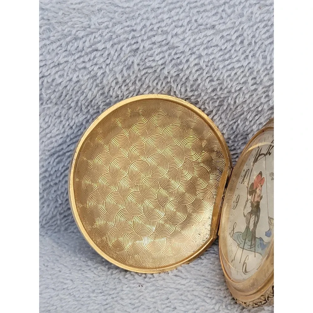 Disney Mickey Mouse 'Gone Fishing' Pocket Watch by Verichron Goldtone Vintage
